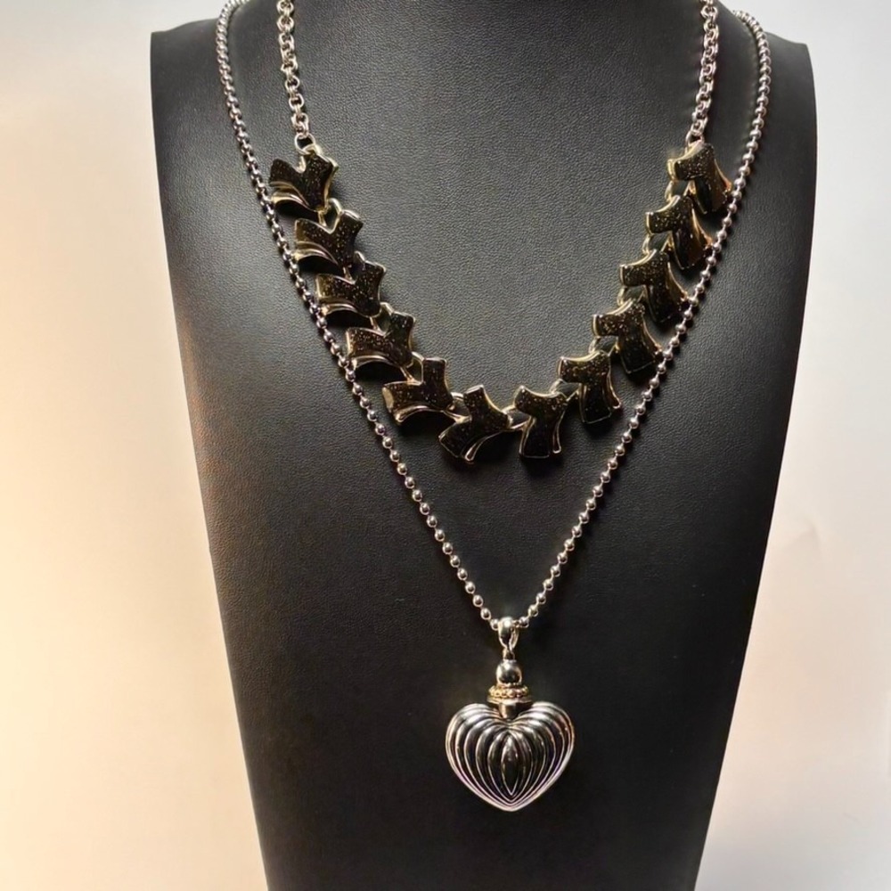 Necklace Set Vintage Silver Gold Heart Pendant Black‎ Glitter Lucite Links